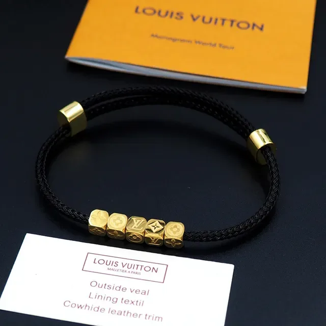 Louis Vuitton Monogram World Tour Black Braided Cord Gold Cube Bracelet 6