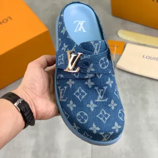 Louis Vuitton Mule Blue Navy Monogram Denim Gold-Tone LV Buckle Casual Shoes