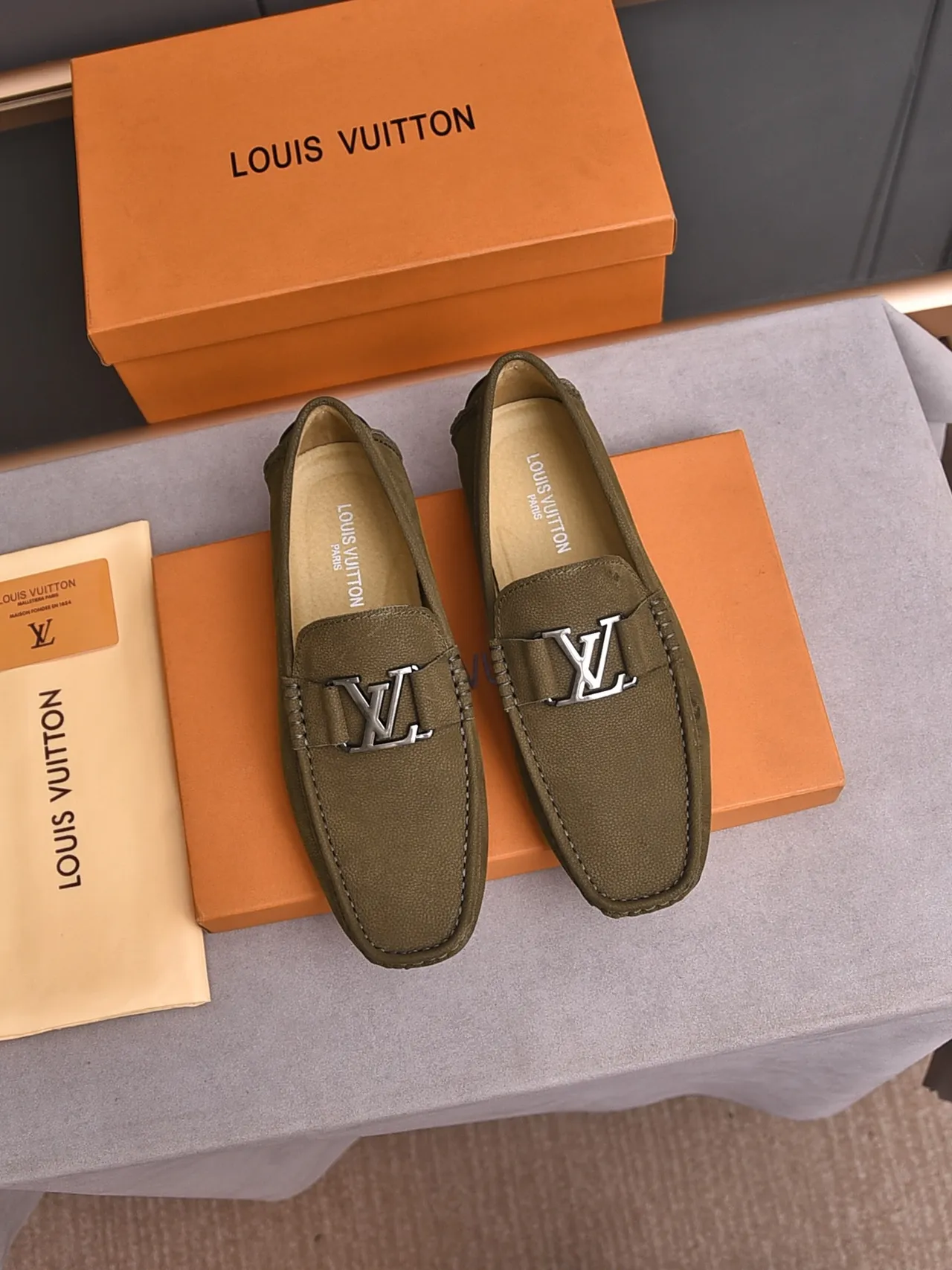 Louis Vuitton Olive Green Suede Buckle Loafer 2