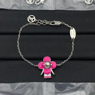 Louis Vuitton Pink Silver Chain Enamel Flower Charm Bracelet