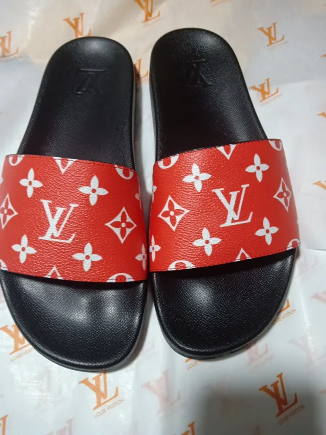 Louis Vuitton Red Black Monogram-Print Strap Molded Rubber Sole Slippers 5