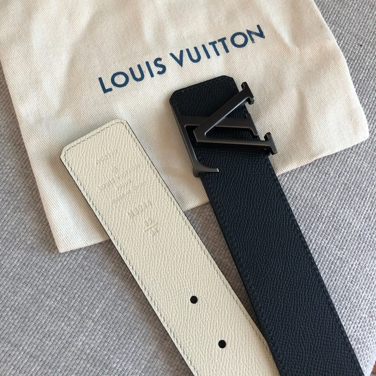 Louis Vuitton Reversible Belt Black Beige Textured Grain Leather Belt 4