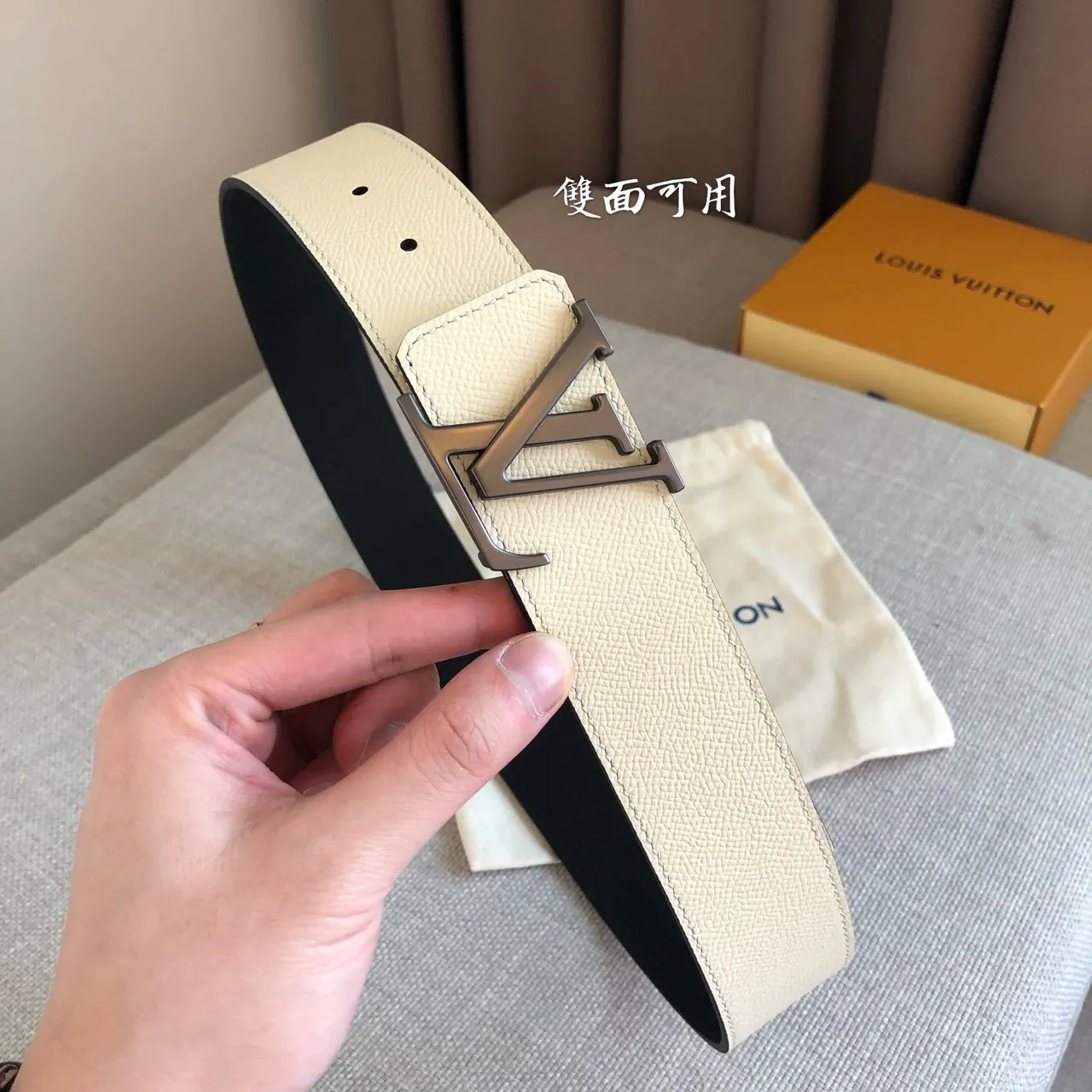 Louis Vuitton Reversible Belt Black Beige Textured Grain Leather Belt 6