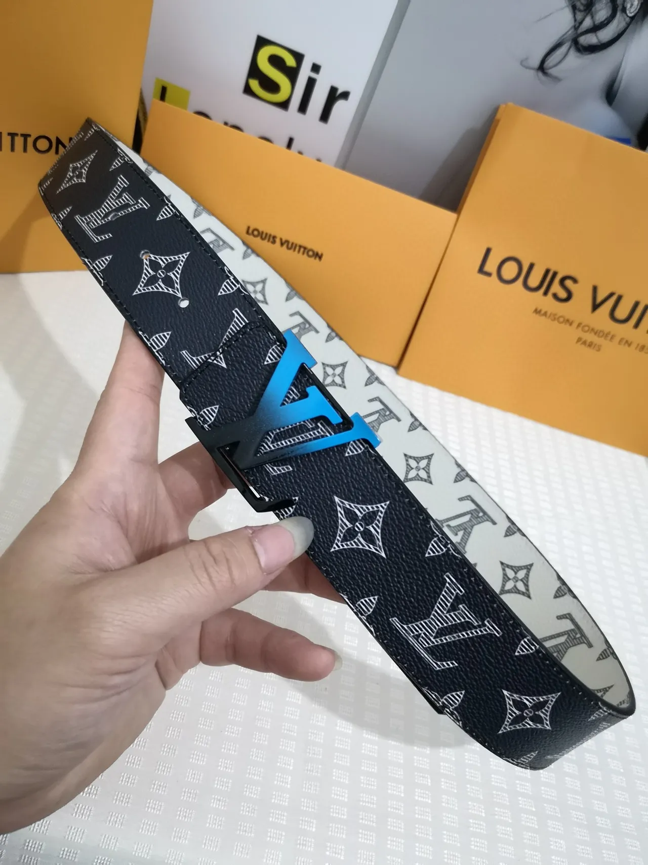 Louis Vuitton Reversible Belt Black Blue Monogram-Printed Leather Belt 6