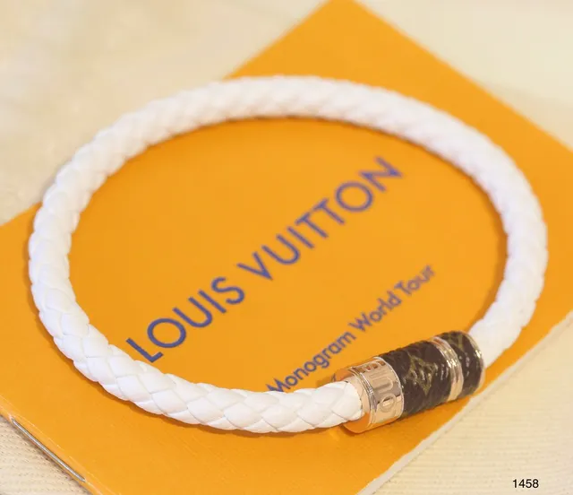 Louis Vuitton Rope Bracelet White Brown Braided Monogrammed Leather Clasp Bracelet 6