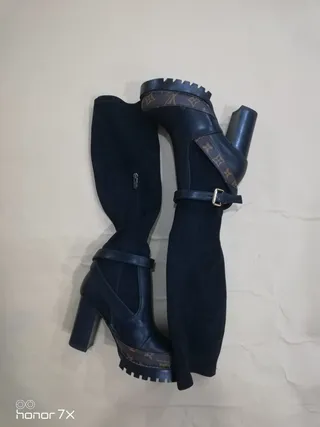 Louis Vuitton Run Away Black Suede and Leather Monogram Platform Knee Boots 4