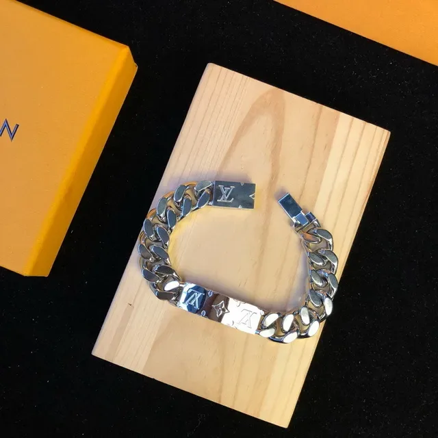 Louis Vuitton Silver Blue Chunky Curb Chain Enamel Monogram Plaques Bracelet 6