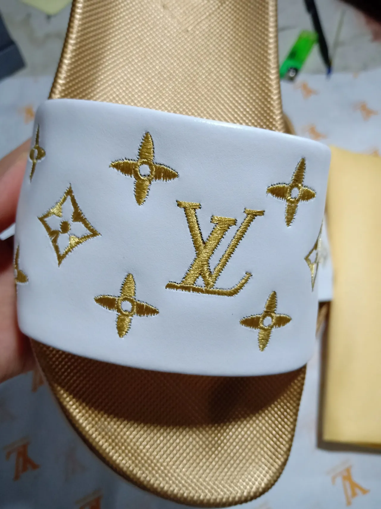 Louis Vuitton Slide White Gold Monogrammed Strap Textured Sole Slippers 5