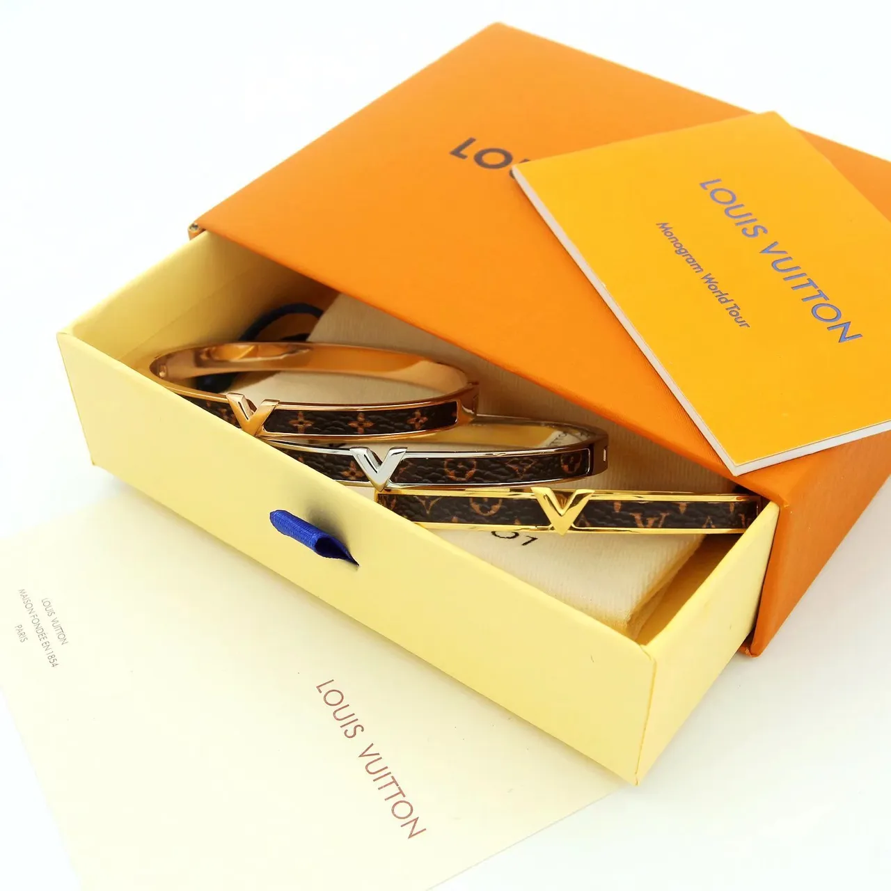 Louis Vuitton V Collection Monogram Canvas and Gold-Tone Bangle Bracelets 8