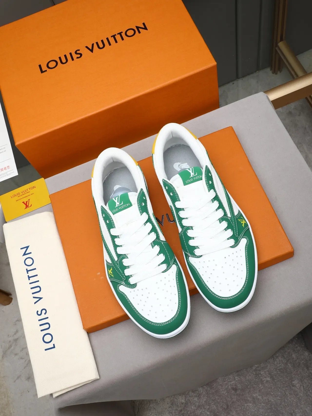 Louis Vuitton White Green Low-Top Layered Leather/suede Lifestyle Sneakers 2