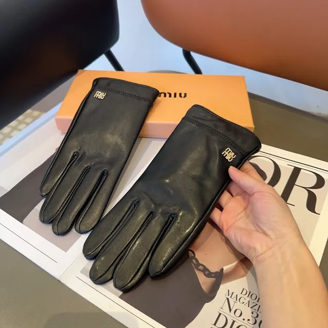 Miu Miu Luvas de Couro Preto Lisos de Dedo Completo 6