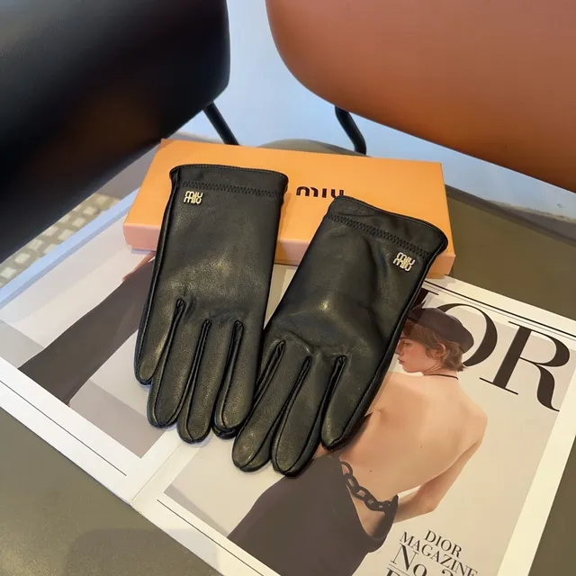 Miu Miu Luvas de Couro Preto Lisos de Dedo Completo 8