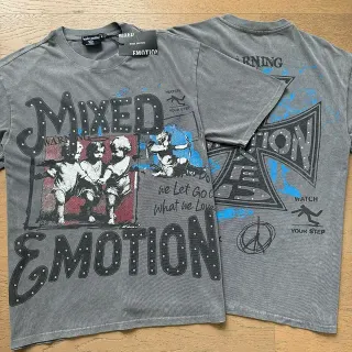 Mixed Emotion Graphic Print Distressed Gray T-Shirt