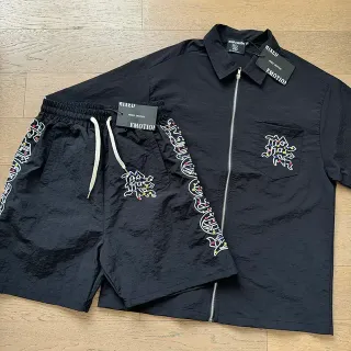 Mixed Emotion Multicolor Embroidered Logo Black Casual Set