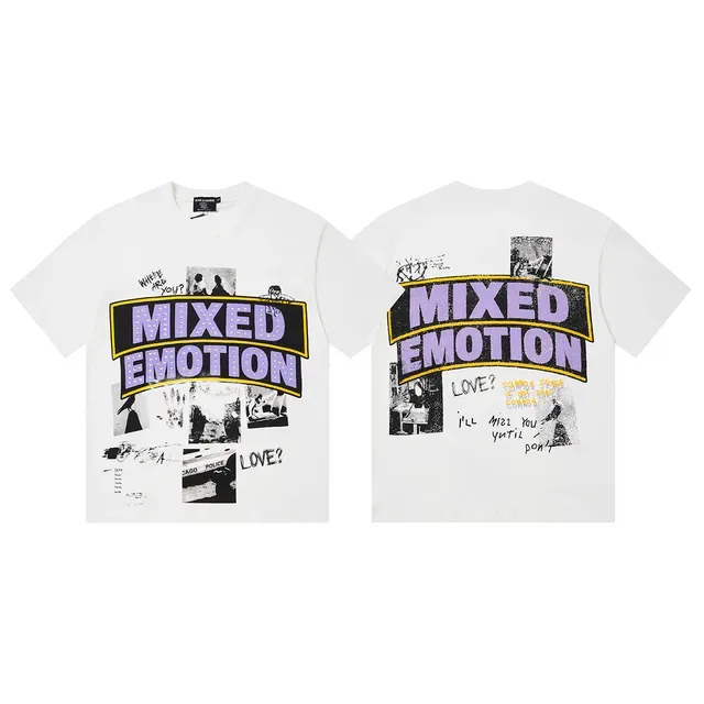 تي شيرت Mixed Emotion أبيض بنفسجي بطباعة جرافيك قصة أوفرسايز 2