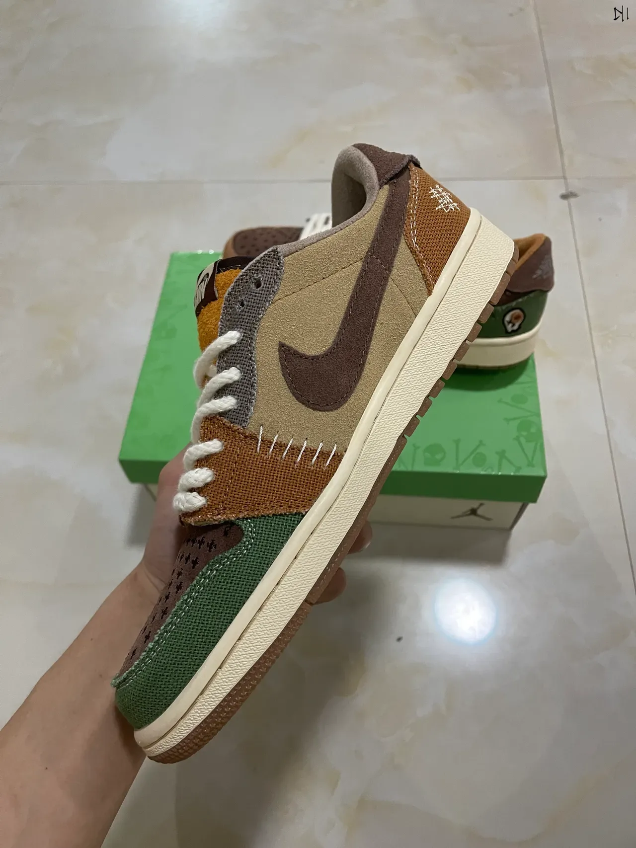 Nike Air Jordan 1 Low Patchwork Beige Olive Brown Lifestyle Sneakers 5