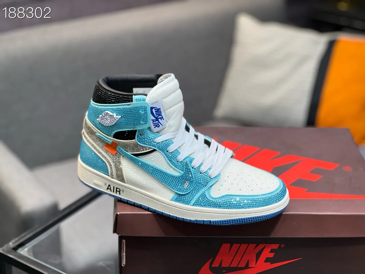 Nike Air Jordan 1 Off-White Collaboration Cyan Crystal Embellished Basketball Shoes 6