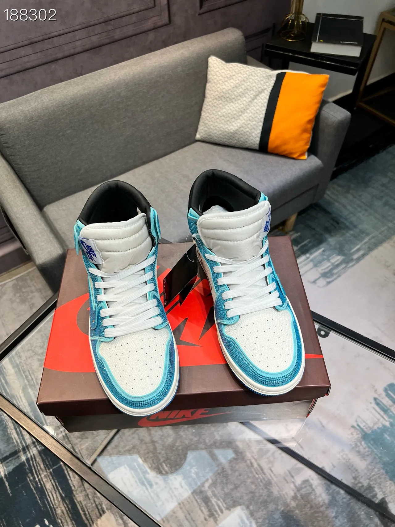 Nike Air Jordan 1 Off-White Collaboration Cyan Crystal Embellished Basketball Shoes 7