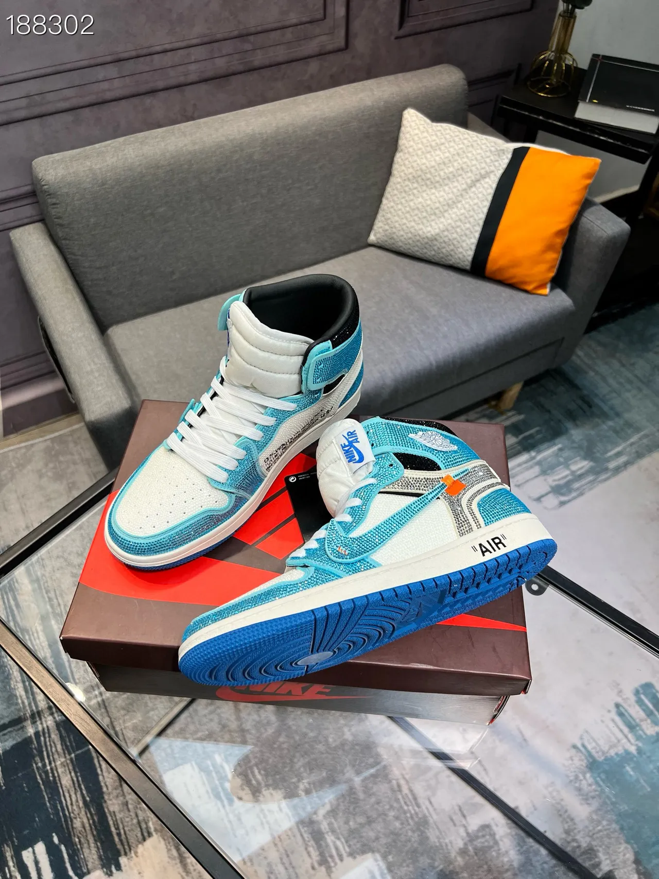 Nike Air Jordan 1 Off-White Collaboration Cyan Crystal Embellished Basketball Shoes 8