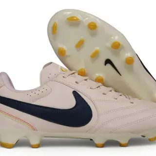 Nike Beige Navy Leather Upper Perforated Tongue Firm-Ground Soccer Shoes