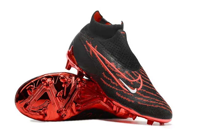 Nike Preto Vermelho Sock-Fit Collar Flyknit Upper Firm-Ground Sapatos de Futebol 3