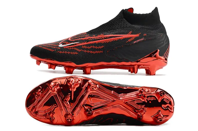 Nike Preto Vermelho Sock-Fit Collar Flyknit Upper Firm-Ground Sapatos de Futebol 5