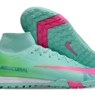 Nike Mercurial Verde Rosa Alto Corte Flyknit Collar Solado Moldado Turf Sapatos de Futebol
