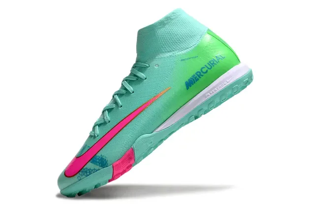 Nike Mercurial أخضر وردي عالي القطع Flyknit Collar Molded Outsole Turf أحذية كرة القدم 3