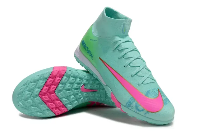 Nike Mercurial أخضر وردي عالي القطع Flyknit Collar Molded Outsole Turf أحذية كرة القدم 4