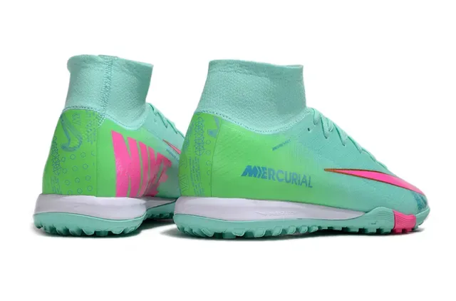 Nike Mercurial أخضر وردي عالي القطع Flyknit Collar Molded Outsole Turf أحذية كرة القدم 5
