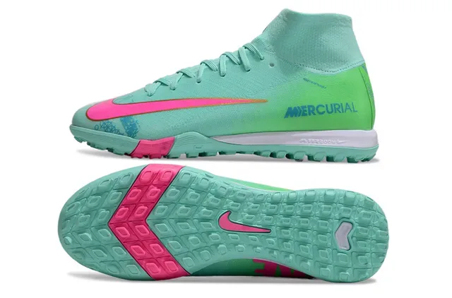 Nike Mercurial أخضر وردي عالي القطع Flyknit Collar Molded Outsole Turf أحذية كرة القدم 6
