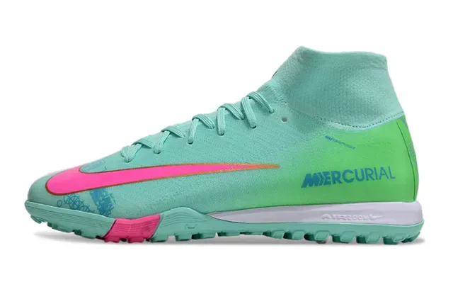 Nike Mercurial أخضر وردي عالي القطع Flyknit Collar Molded Outsole Turf أحذية كرة القدم 7