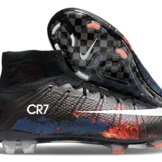 Nike Mercurial Superfly CR7 Preto Azul Vermelho Sapatos de Futebol Firm Ground