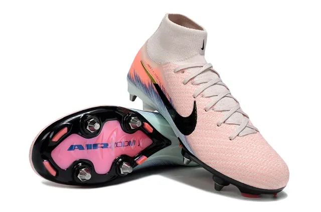 Nike Pink Blue High-Cut Knit Upper Sock-Fit Collar Firm-Ground Soccer Shoes 3