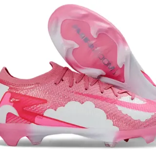 Nike Chaussures de football avec upper knit rose et blanc, superpositions asymétriques, firm ground