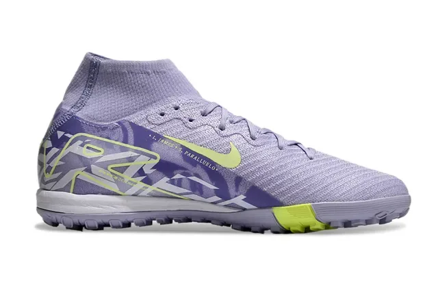 Nike Purple Yellow High-Cut Knit Upper Neon Lime Green Swoosh Turf Soccer Shoes 7