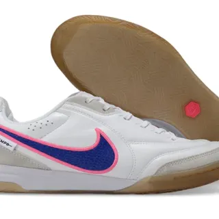 Nike Tiempo Blanco Azul Low-Top Cuero-Suede Superior Zapatos de Fútbol Indoor