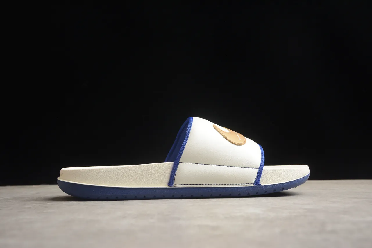 Nike White Blue Molded EVA Footbed Tan Leather Accent Tab Slippers 12