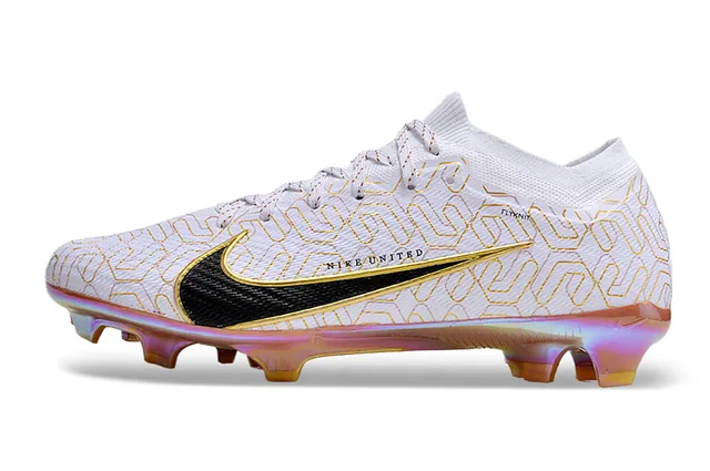 নাইক সাদা সোনালি Flyknit উপরের অংশ জ্যামিতিক প্রিন্ট ফার্ম-গ্রাউন্ড সকার শু 6