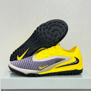 Nike tênis de futebol turf com upper de knit amarelo e roxo, solapa sintética com forma de onda