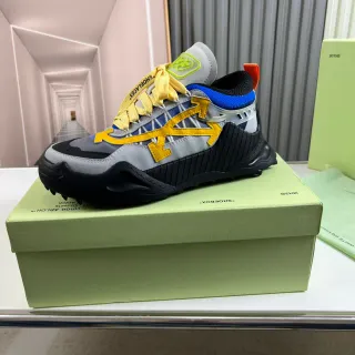 Off-White Gray Yellow Industrial-Chic Arrow-Motif Overlay Chunky Sneakers