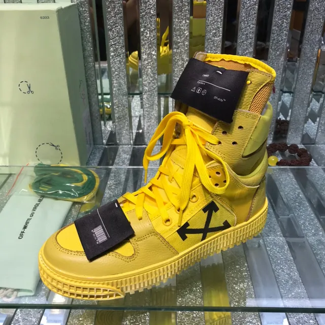 Off-White Yellow Black High-Top Layered Leather And Mesh Lifestyle Sneakers 4
