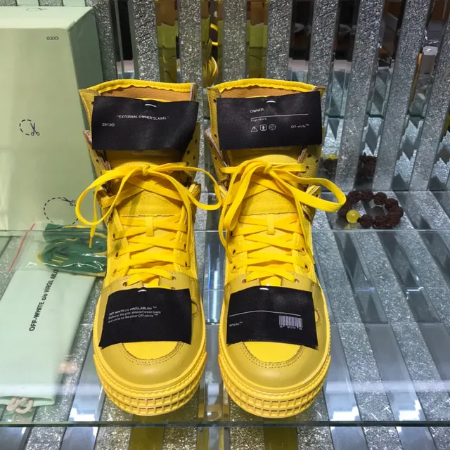 Off-White Yellow Black High-Top Layered Leather And Mesh Lifestyle Sneakers 5