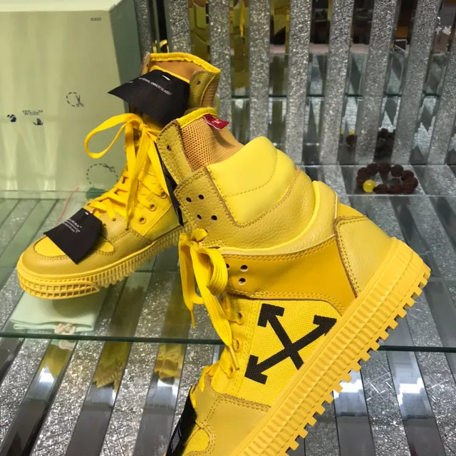 Off-White Yellow Black High-Top Layered Leather And Mesh Lifestyle Sneakers 6