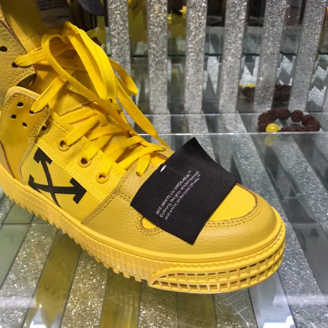Off-White Yellow Black High-Top Layered Leather And Mesh Lifestyle Sneakers 7