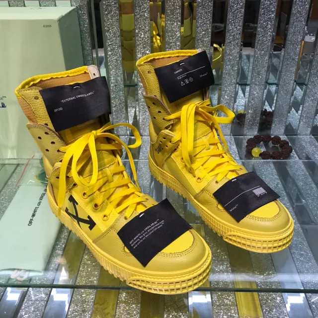 Off-White Yellow Black High-Top Layered Leather And Mesh Lifestyle Sneakers 8