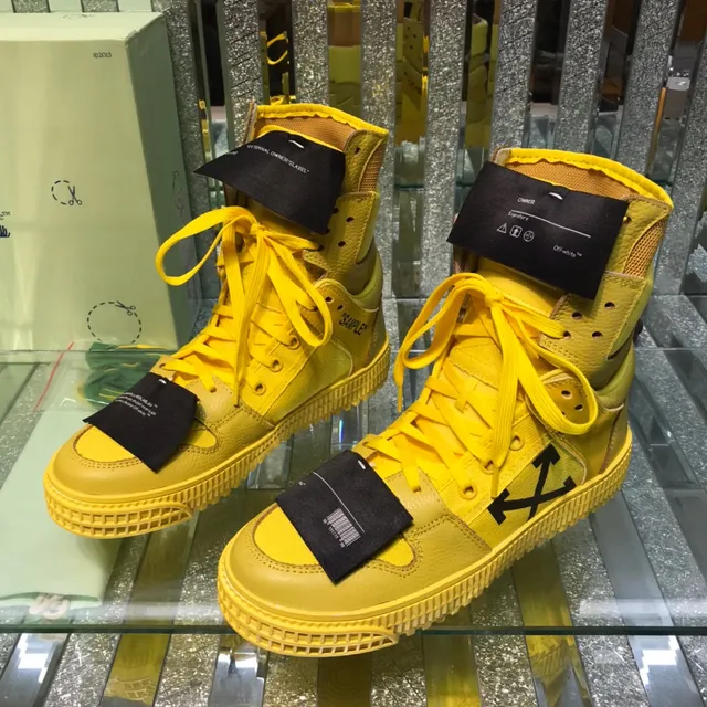 Off-White Yellow Black High-Top Layered Leather And Mesh Lifestyle Sneakers 9