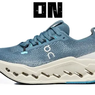 On Blue Beige Engineered Knit Upper Low-Profile Silhouette Running Shoes