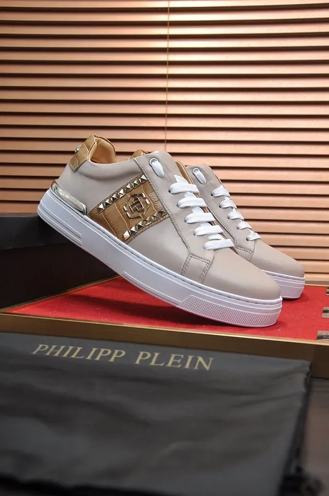 Philipp Plein Beige Leather Studded Side Panel Lifestyle Sneakers 4