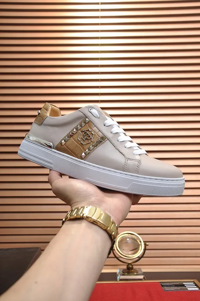Philipp Plein Beige Leather Studded Side Panel Lifestyle Sneakers 7